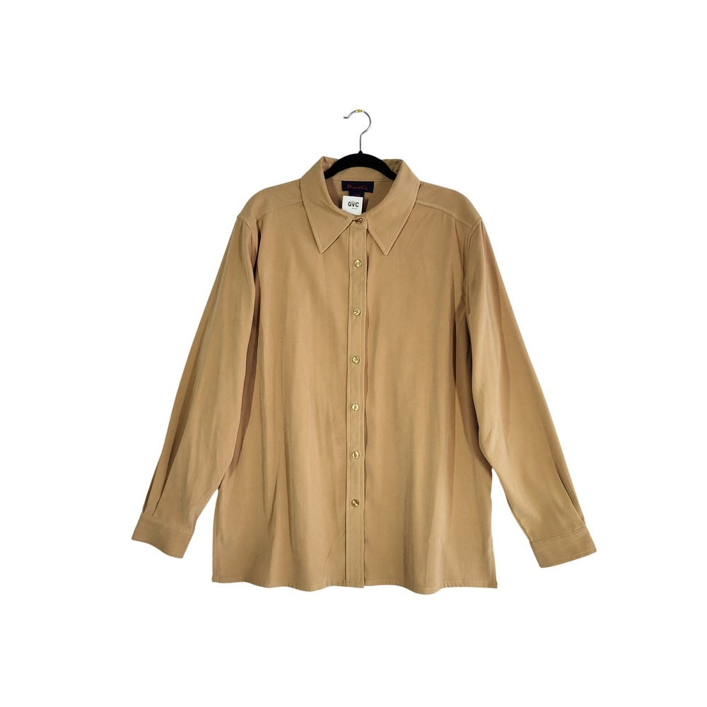 Denim & Co Button Down Tunic Shirt L 14/16 Gold Long Sleeve Stretch Slits NWT